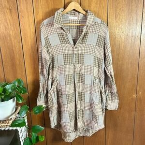 Illa Illa Womens Large Plaid Patchwork Cotton Gauze Tunic Shirt Dress Boho